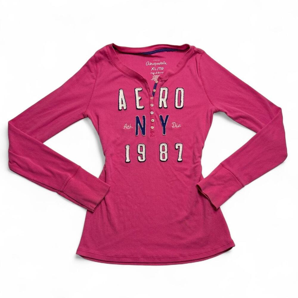 Y2K Pink Aeropostale Henley long sleeve shirt with white lettering size XL - Picture 4 of 7